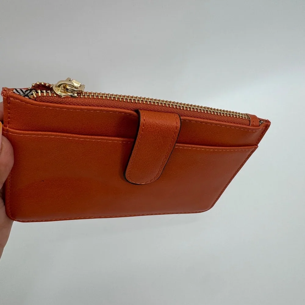 Jen & Co Burnt Orange Vegan Leather Slim Zip Card Case Wallet Gold Hardware